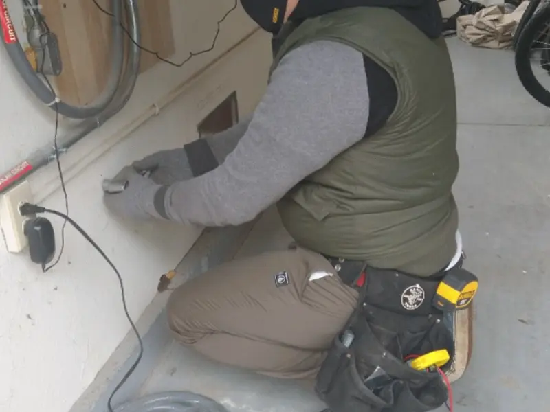 Electrician performing outlet wiring in a La Blanca garage